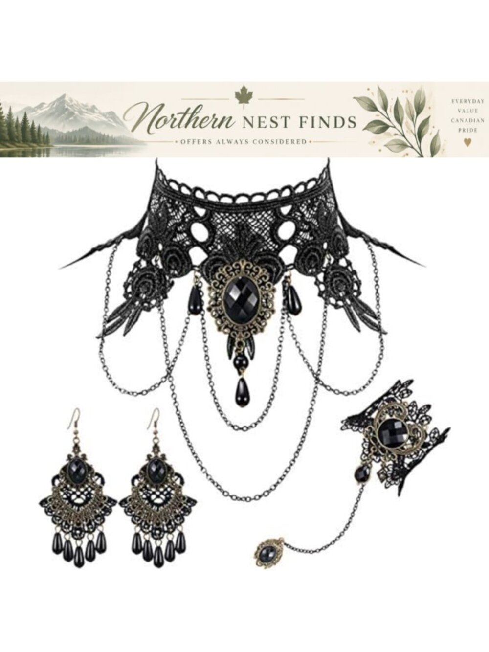 Gothic Lace Choker and Bracelet Set Adjustable Necklace Wristbands